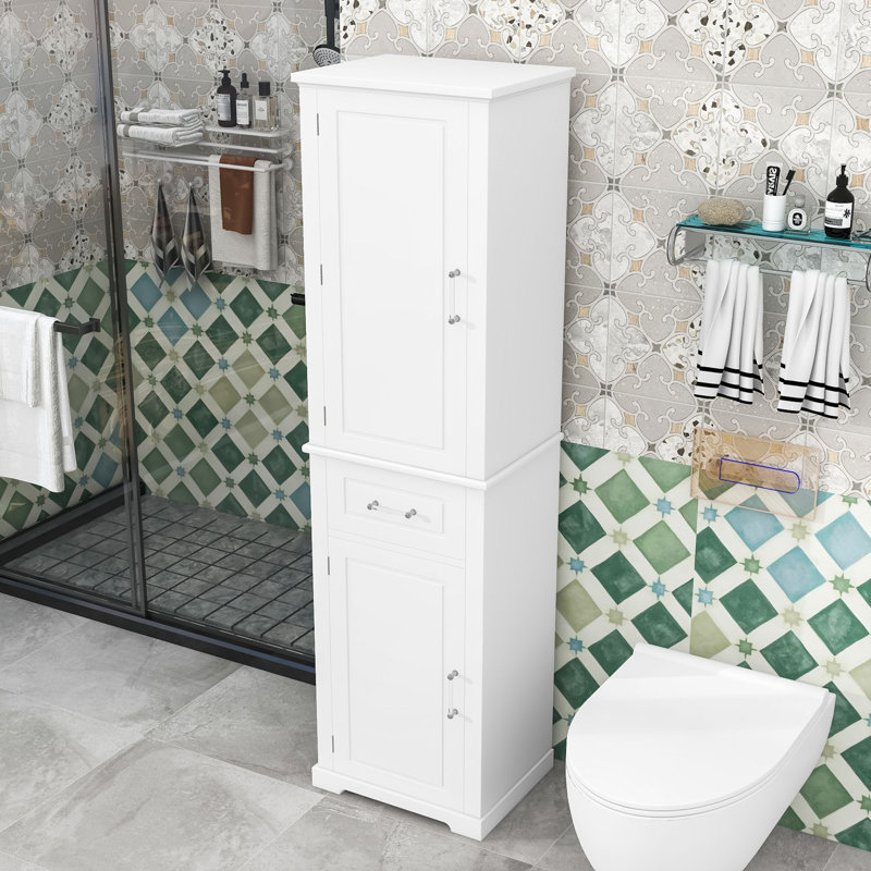 Grande armoire de rangement pour salle de bain avec tiroir, tablettes réglables et tablettes de porte, Blanc
