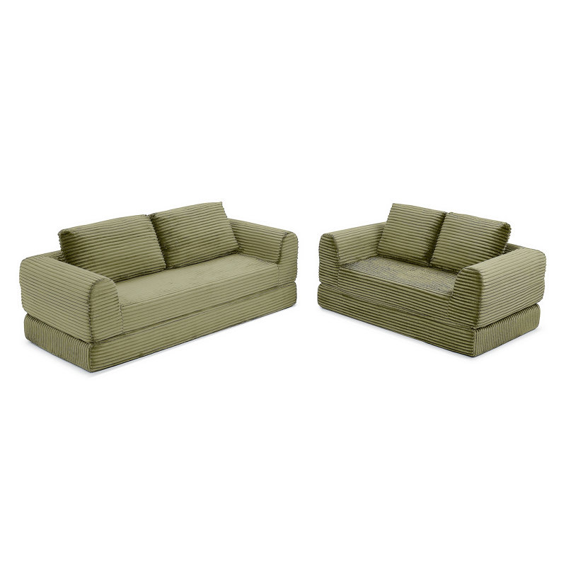 Canapé-lit pliant convertible 2-en-1, canapé-lit en velours côtelé moderne avec 2 * oreillers, ensemble de canapé modulaire rembourré et désossé avec lit escamotable Futon, canapé-lit modulaire pliant pour le salon vert