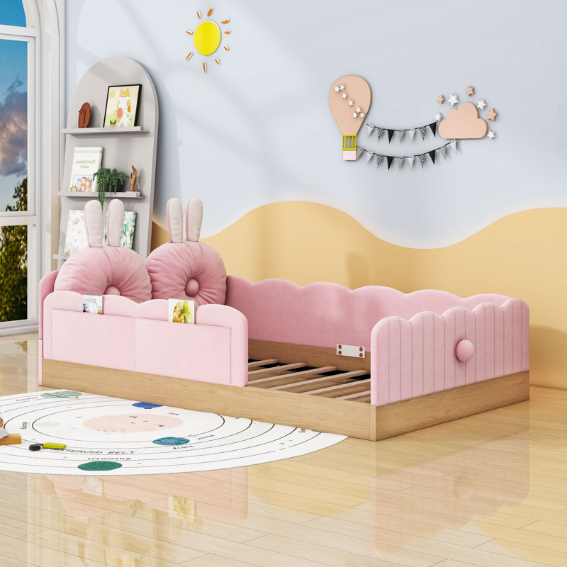 Upholstered Platform Bed With Animal Pillows And Storage Bags, Pink