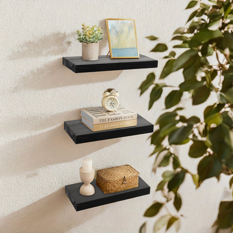 Solid Wood Floating Shelf (Set of 3), Black