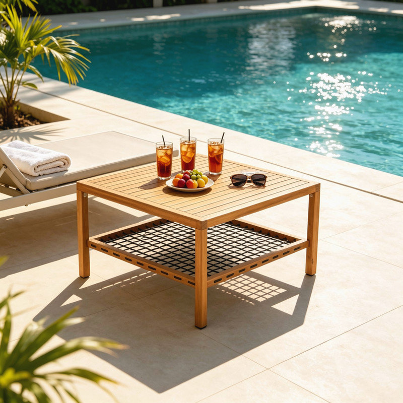 Table basse d'extérieur en bois d'acacia avec corde inférieure et corde de rangement