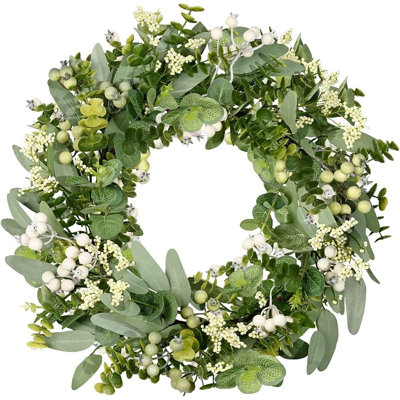 Couronne de verdure - vert - eucalyptus et buis avec de grandes baies pour porte d'entrée, décor de style maison de campagne à l'année