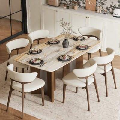 7-Piece Rectangular Dining Table Set For 6 People,63" Sintered Stone Tabletop Dining Table With 6 Modern Faux Leather Dining Chairs
