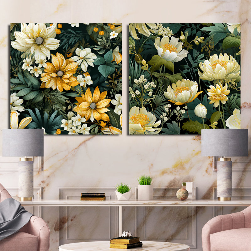 Veltri - Ensemble de 2 collages floraux carrés, Toile tendue, H 16 po x l 33 po