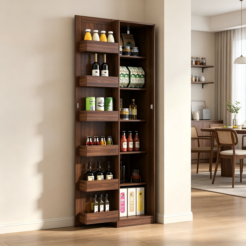 Armoire de cuisine, buffet autoportant en noyer avec portes et tablettes, armoire de rangement pour cuisine, salon et salle à manger