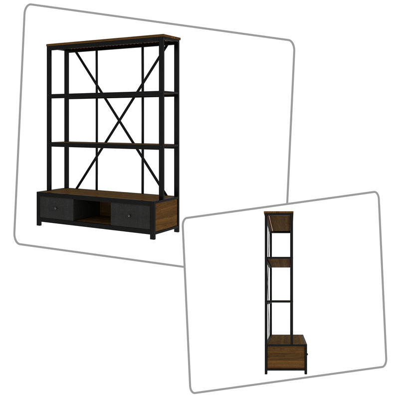 Modern Industrial metal Bookcase with LED Lighting and  Drawers, 3-Tier Display book shelf with Metal Frame, Black/Walnut