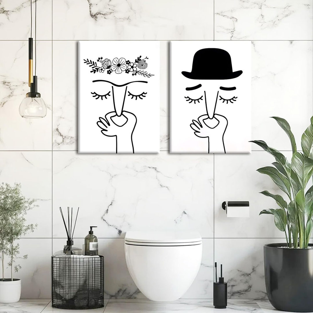 2-Pcs Black And White Humorous Canvas Wall Art Fun Bathroom Wall Decor Painting Modern Abstract Minimalist Line Poster Print Art Suitable For Bathroom
