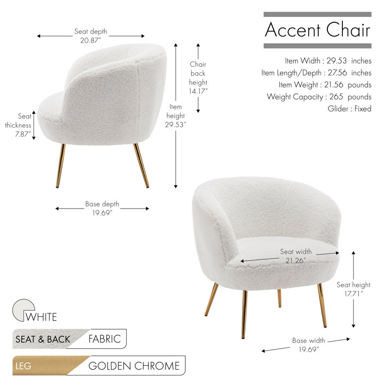 Socorro Teddy Fabric Barrel Accent Chair with Golden Chrome Legs, White