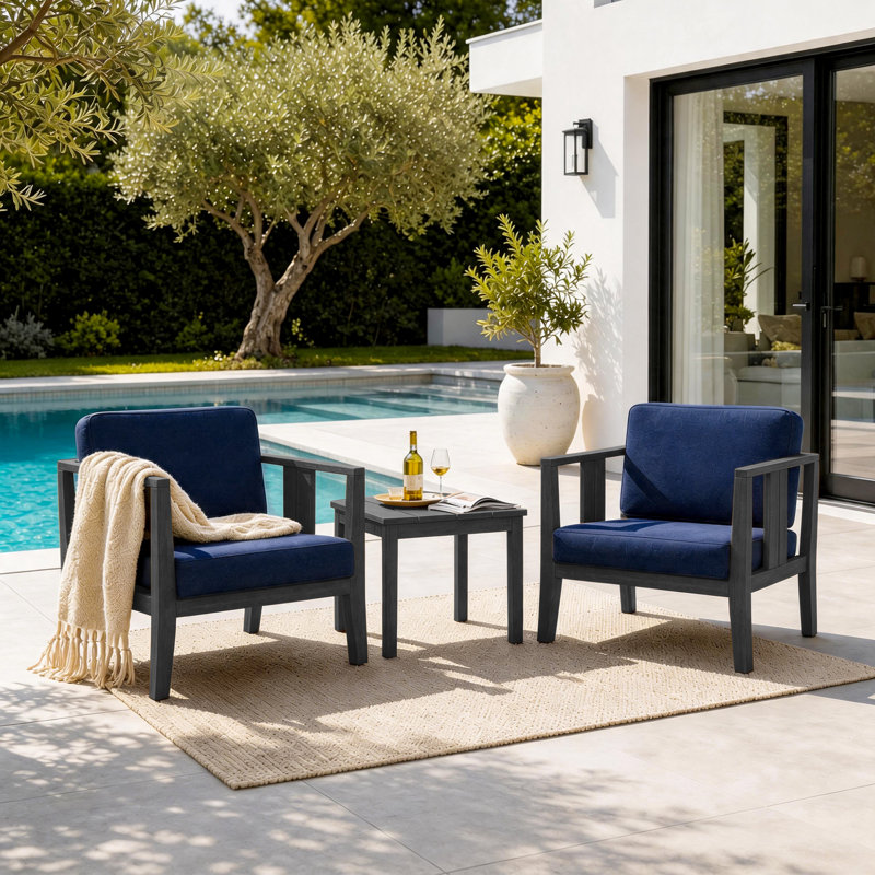 Ensemble de patio d'extérieur pour deux personnes en teck Junco avec coussins et table d'appoint, Marine, Noir