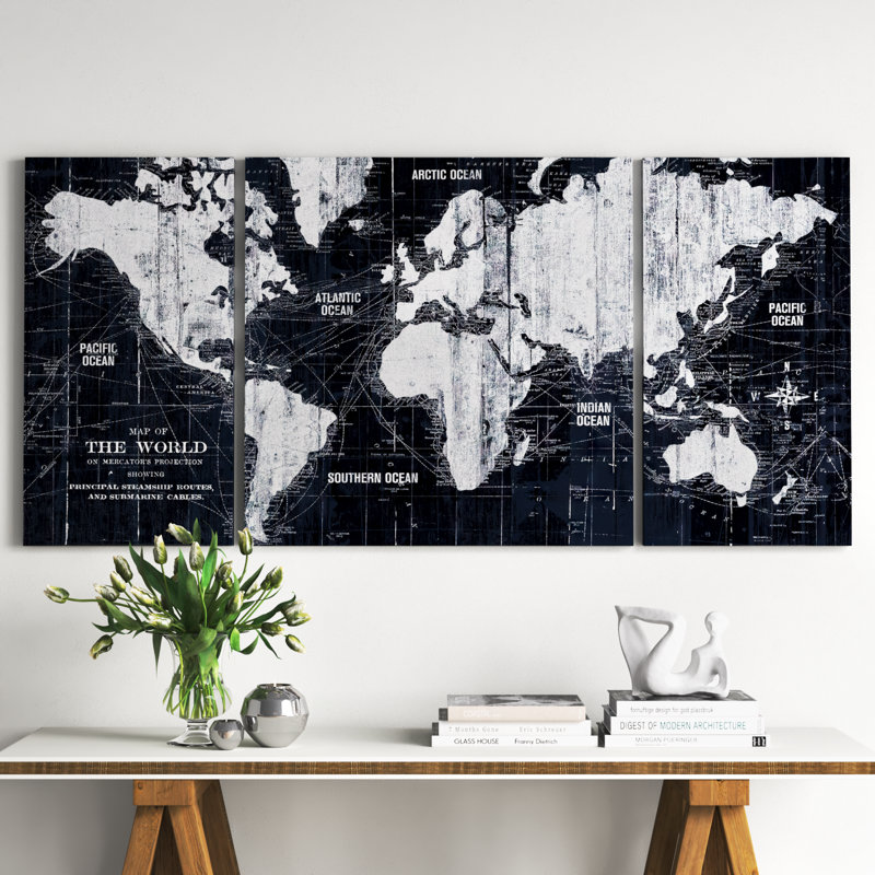 Arkadiusz Old World Map - Reproduction d'art graphique sur toile tendue à pièces multiples, H 40 po x l 80 po x P 1,5 po