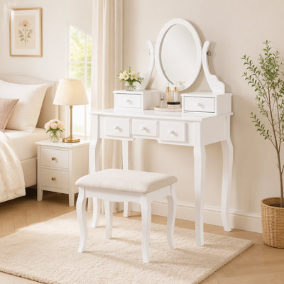 Ensemble coiffeuse et tabouret Ashley Wood, coiffeuse à 5 tiroirs avec miroir ovale réglable, blanc