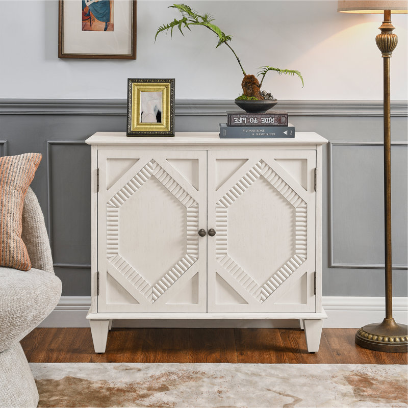 33.6" Retro Wooden Sideboard Buffet Cabinet With Storage, Symmetrical Geometric Accent Display Cabinets, Media Console Credenza For Living Room/Entryway/Dining Room/Kitchen, Antique White