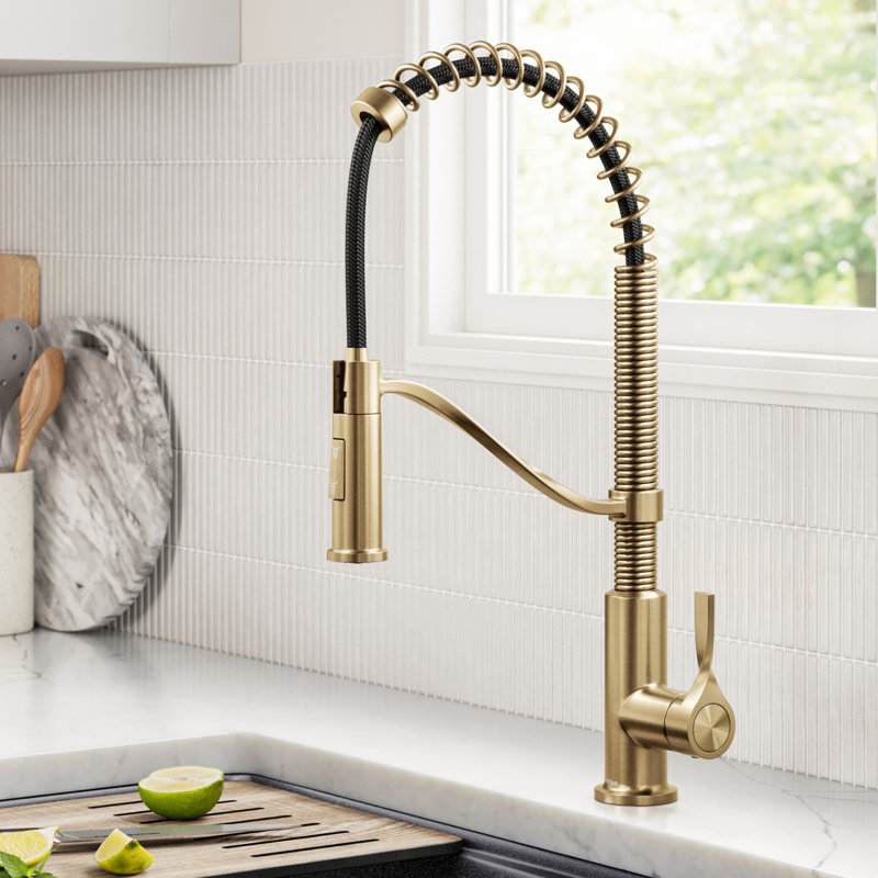 Kraus Torak Commercial Style 2-Function Single Handle Pull Down Kitchen Faucet, Brushed Brass