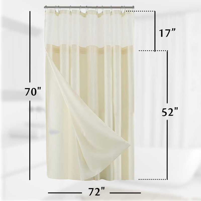 Rideau de douche à tissage gaufré moderne pour salle de bain avec dessus en filet et ensembles de doublure, Ivoire