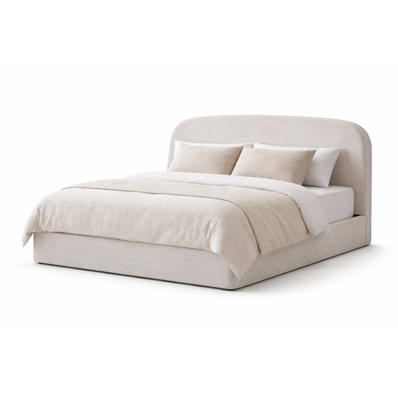 NORDIC UPHOLSTERED ROUND QUEEN BED WHITE LINEN BLACK, White Linen, Queen