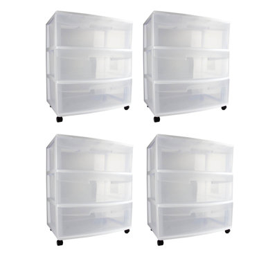Sterilite 29308002 Home 3 Drawer Wide Storage Cart Container W/ Casters (4 Pack)