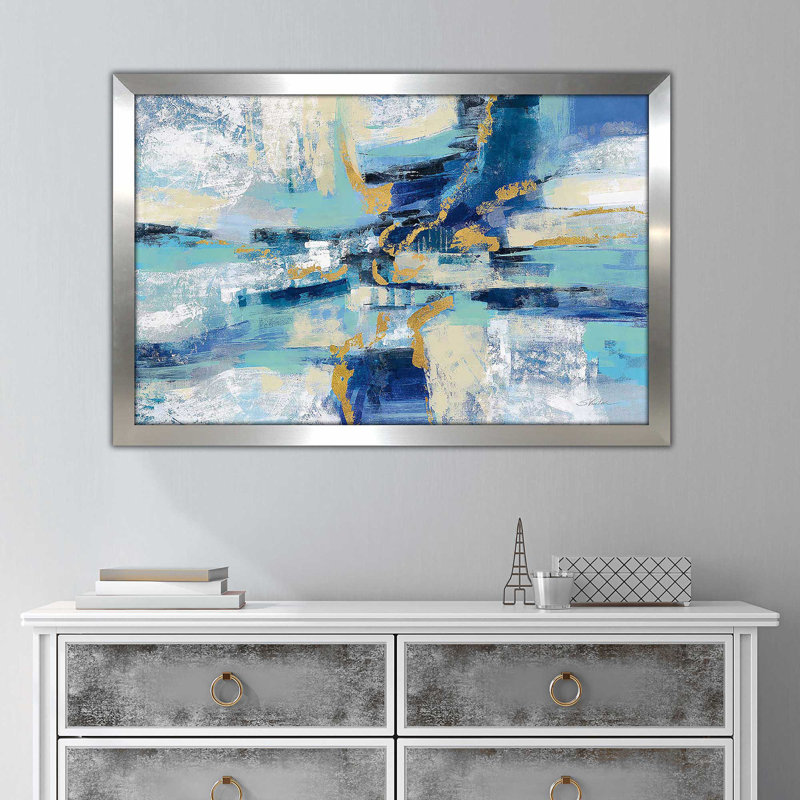 «Wave Breaker» par Silvia Vassileva - Peinture, Encadrement argenté, H 27,5 po x l 39,5 po x P 0,75 po