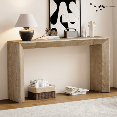 60" Modern Farmhouse Console Table With 2 Concealed Drawers, Waterfall Design Entryway Table With Thickened Legs & Rustic Wood Grain For Living Room, Entryway & Hallway (Natural)