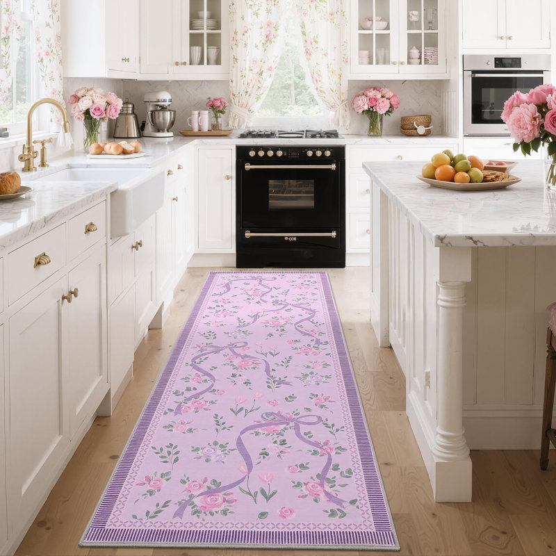 Washable Area Rug Bow Décor, Purple, Runner 2'6" x 8'