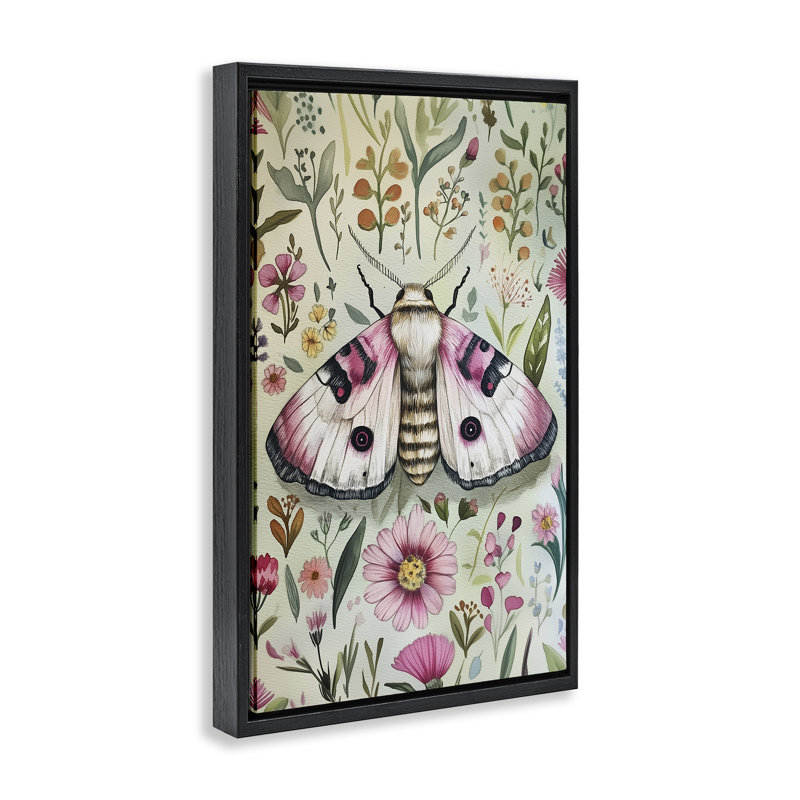 Cadre flottant Moth Over Floral Herbs, design par The Dutch Lady, Cadre flottant noir de jais, H 25 po x l 17 po
