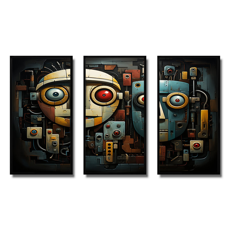 «Blue and Beige Robot Revolution», art mural science-fiction, H 28 po x l 36 po x P 1 po, Cadre flottant noir