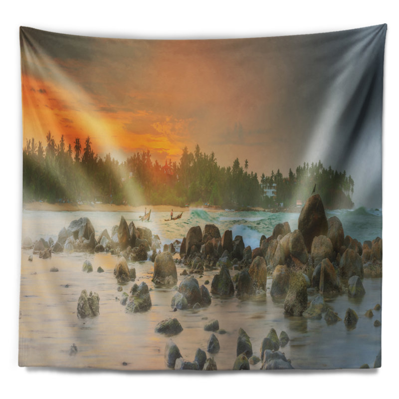 Paysage, plage romantique, tapisserie, tapisserie, sri lankais, H 50 po x l 60 po