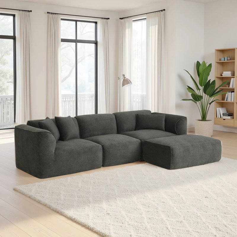 Canapé modulaire en forme de L à 4 places Boneless de 122 po avec repose-pieds et coussins décoratifs en velours