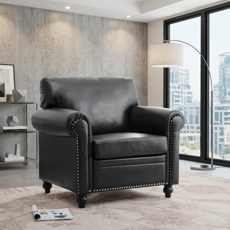 Fauteuil d'appoint à accoudoirs roulés traditionnel avec garniture cloutée argentée et coussin amovible, Noir