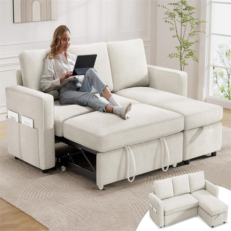 Ebern Designs 81" Convertible L Shaped Couch Sofa Sleeper With Reversible Chaise With Storage And Side Pockets, Beige