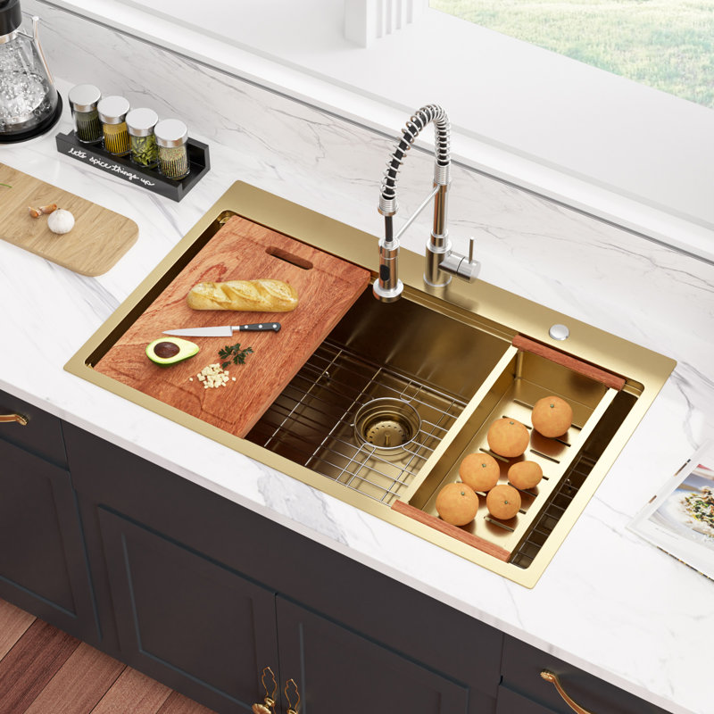 33" L x 22" W Drop-in Kitchen Sink Single Bowl Stainless Steel Workstation Sink with Accessories, Brushed Gold