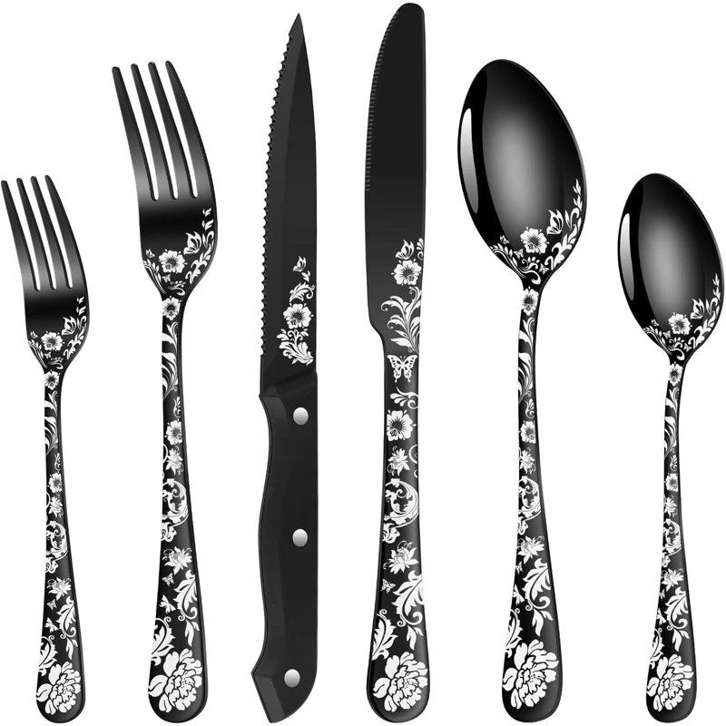 Ensemble de 48 couverts noirs avec couteau à steak, couverts noirs pour 8, ensemble de couverts en acier inoxydable comprenant des fourchettes, des cuillères, un motif unique
