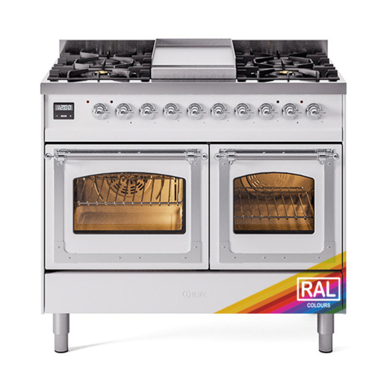 ILVE Nostalgie II Series Noblesse 40 inch Dual Fuel Range with 6 Sealed Burners (Glass Door), Chrome, Liquid Propane