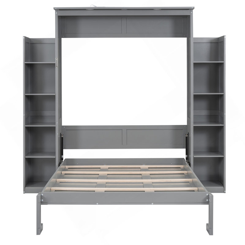 Lit escamotable double pleine grandeur avec tablettes et lumières DEL, gris, Lit double, Gris
