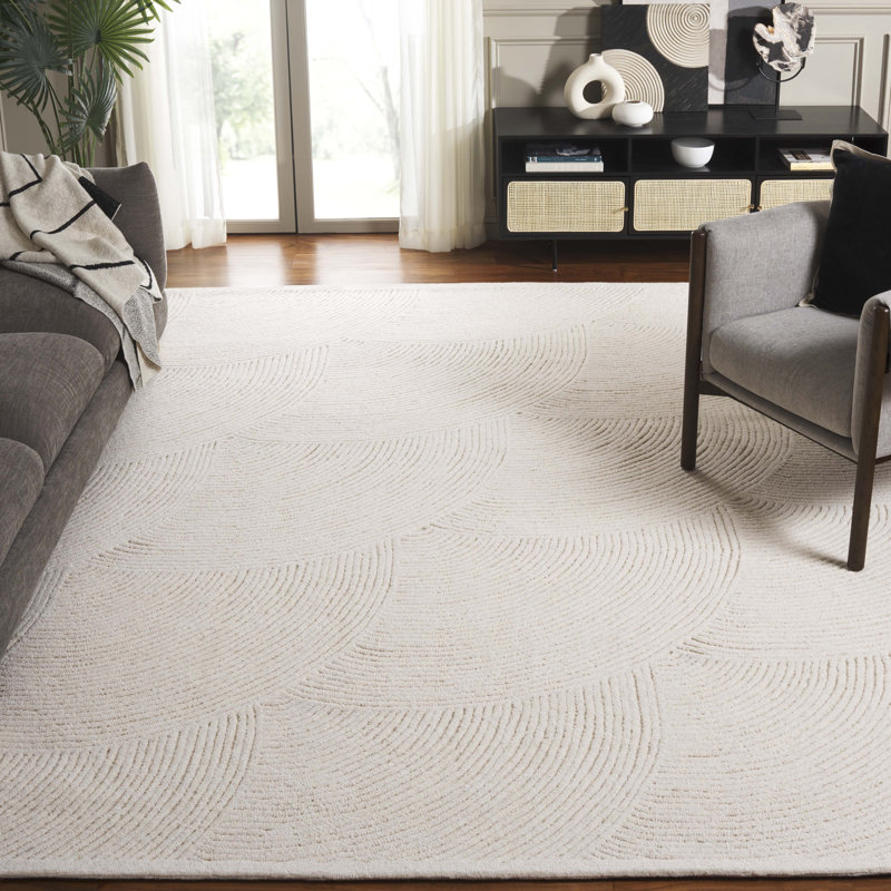 Tapis texturé ivoire en laine / coton touffeté à la main, Rectangle 8 po x 10 po