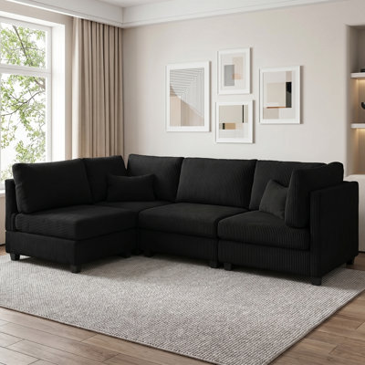 126" Corduroy Sectional Corner Sofa 4 Piece Modular Deep Seat Couch With Pillows, 1200 lbs Capacity, Pet-Friendly, Flexible Layout