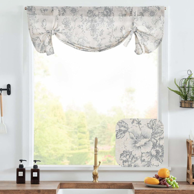 Floral Linen Tie Up Shade Valance, Gray, 42" W x 24" L