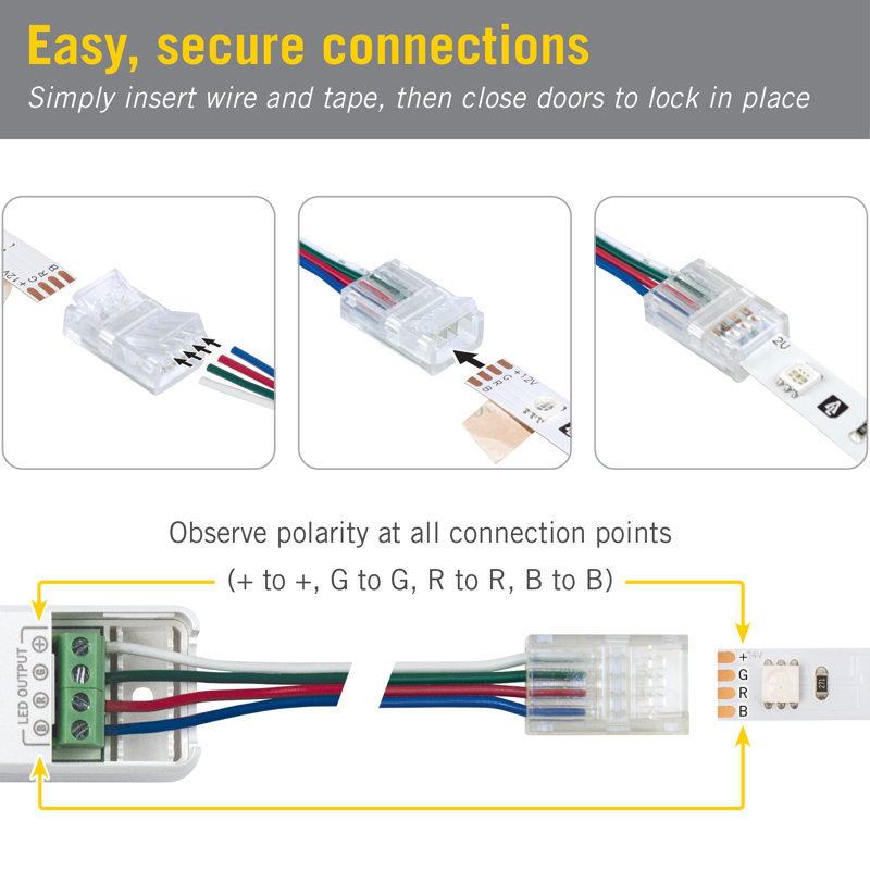 4 Pin LED Strip Light RGB Wire to Tape Connector, 6 Pack