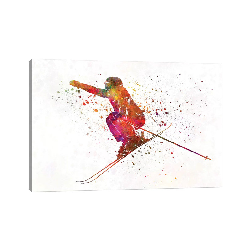Woman Skier Skiing Jumping 03 In Watercolour by Paul Rommer - Wrapped Canvas Painting, 101.6 cm H x 66.04 cm W