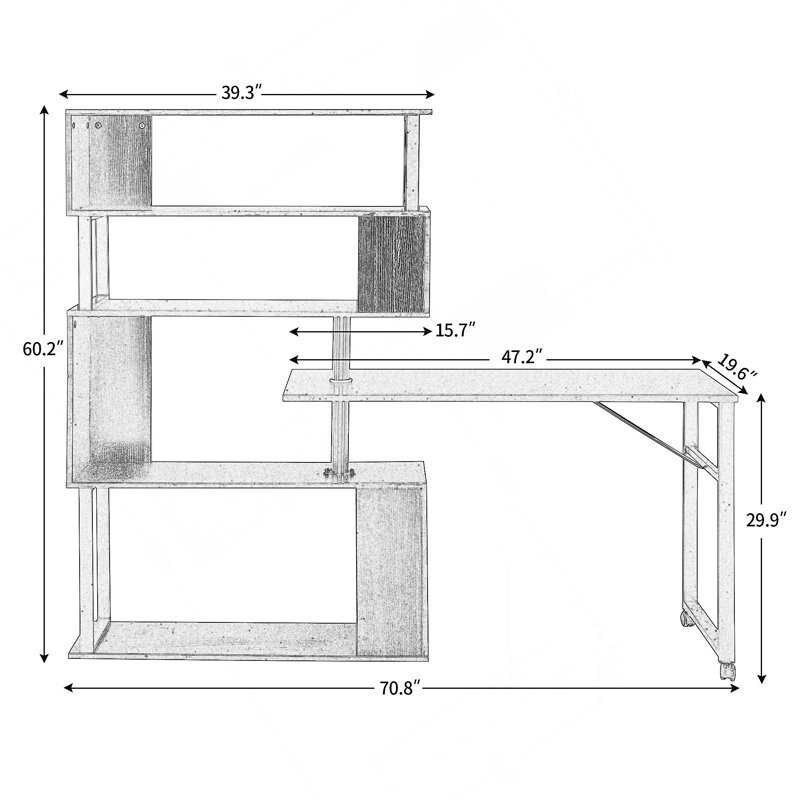 Home Office Computer Desk L-Shaped Corner Table, Rotating Computer Table With 5-Tier Bookshelf, Four Installation Methods, Lockable Casters
