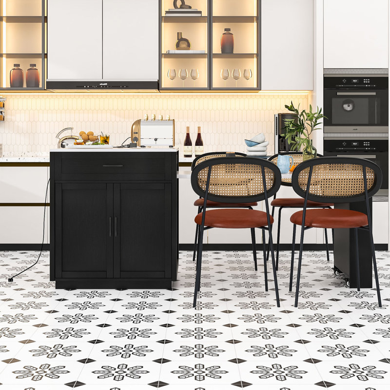Sleek Multi-Use Kitchen Island with Retractable Dining Area, Ample Storage, and Integrated Charging, Black