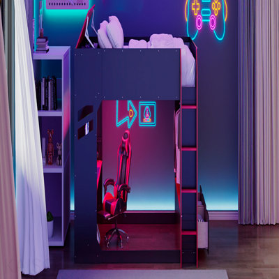 Lit mezzanine double en bois pleine grandeur avec bureau à hauteur réglable, tiroirs, compartiments de rangement, tringle et lumières RVB, rouge