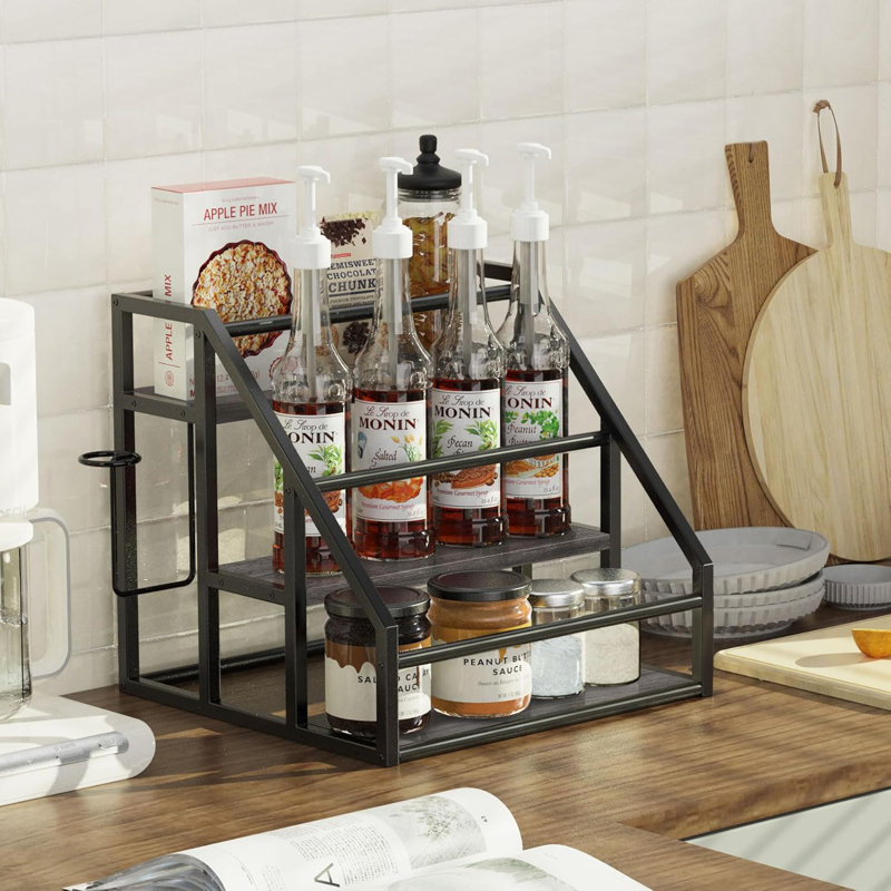 Étagères de rangement à 3 niveaux pour le comptoir, rangement pour la cuisine, porte-bouteilles de sirop pour porte-bouteilles de vin, de boissons alcoolisées et de café