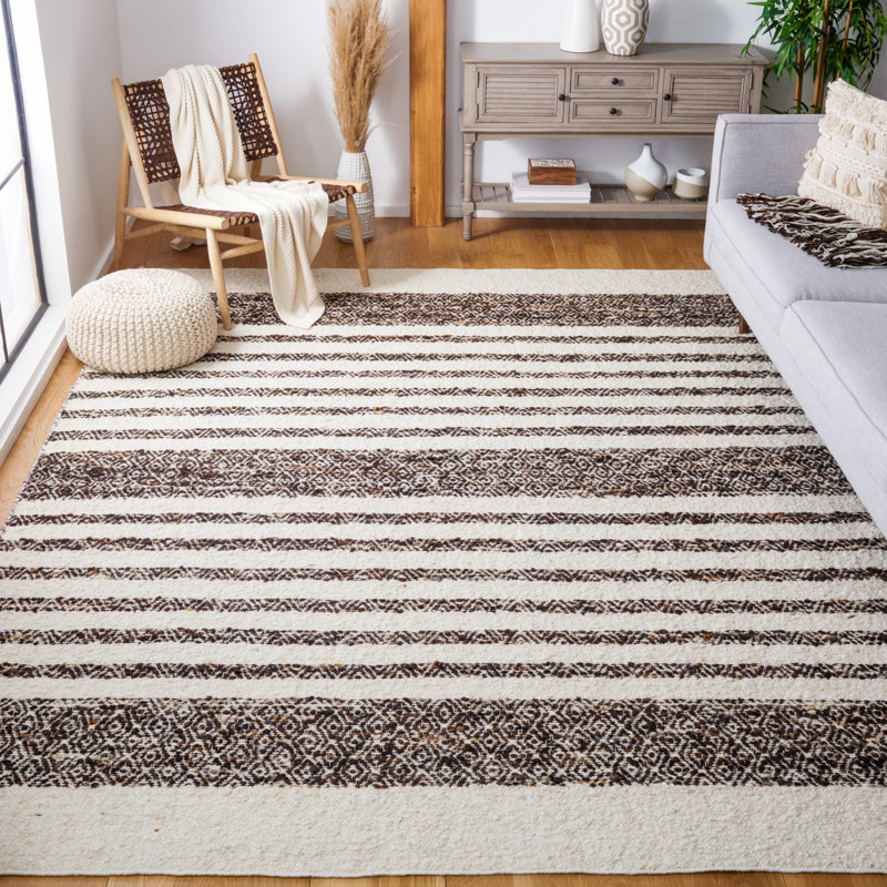 Abbie-Lee Natura Hand Woven Wool/Cotton Striped Rug in Black/Ivory, Rectangle 8' x 10'