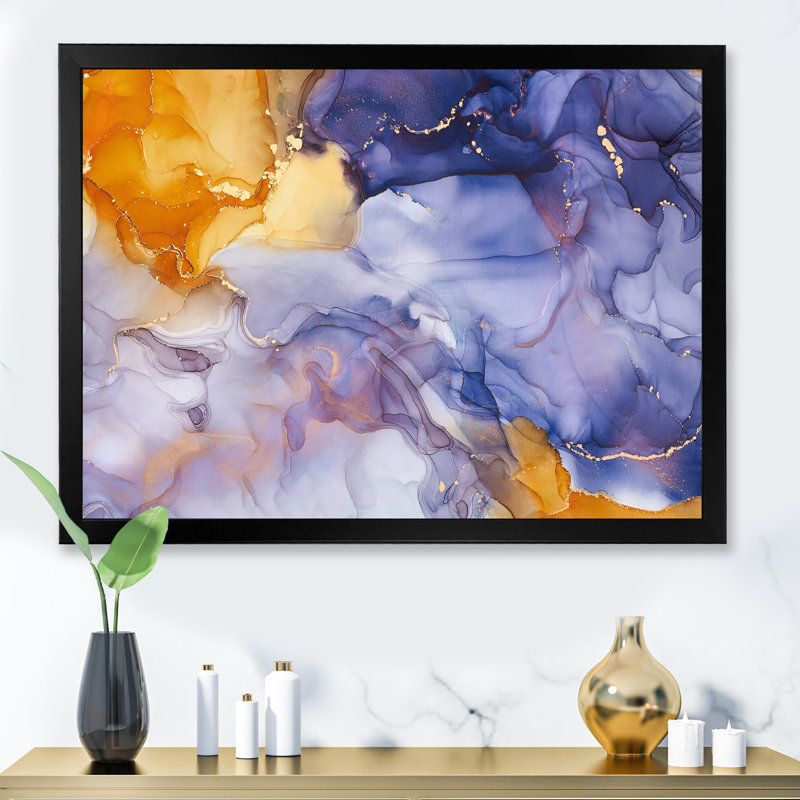 «Blue Luxury Abstract Fluid Art II», reproduction d'art sur toile moderne, Cadre photo noir, H 24 po x l 32 po x P 1 po