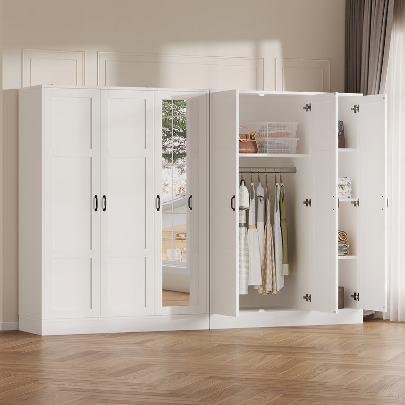 Armoire 3 portes avec miroir pleine longueur, armoire de rangement autoportante avec tablettes réglables et tringle, Blanc