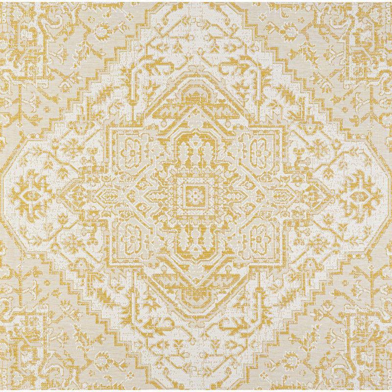 Truman Bohemian Medallion Textured Weave Cream/Yellow Indoor/Outdoor Rug, Square 5'3"