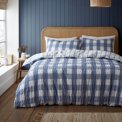 Brushed Seersucker Gingham Reversible Duvet Cover Set