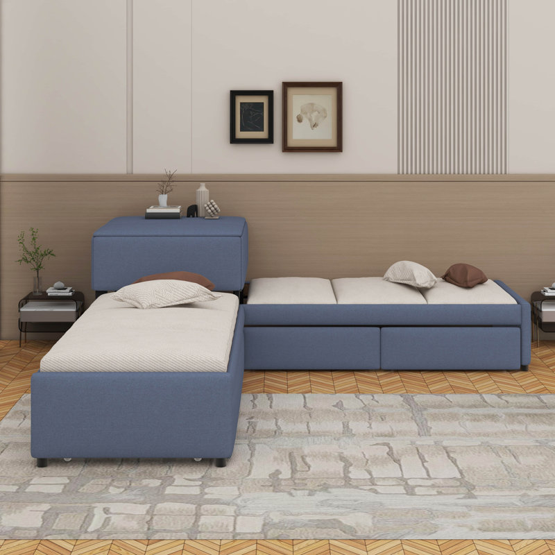 Lit plateforme tapissier simple avec lit gigogne, tiroirs et bureau
