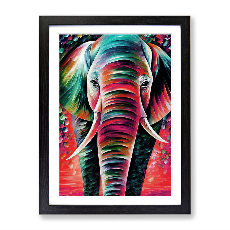 Colourful Elephant No.1 - Painting, 66cm H x 48cm W x 2cm D, Black Framed, White