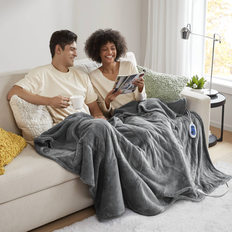 Gray Electric Heated Reversible Fleece Sherpa Throw Blanket